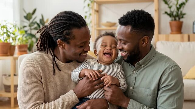 Happy black gay dads embracing and kissing their baby son together at home