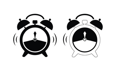 Fototapeta premium Two black and white alarm clocks with bells ringing, one classic and one modern. Vector