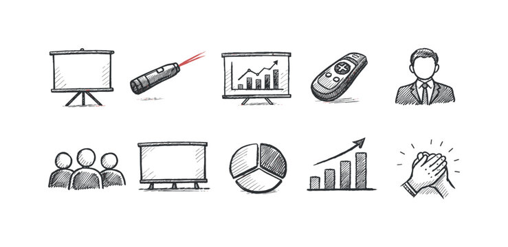 Business presentation chalk icon set. Data charts, meetings, and strategy line icons.