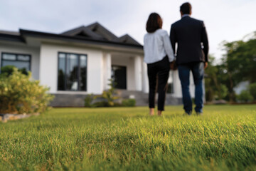 A couple enjoys a serene evening walk while holding hands in their lush yard, symbolizing love, companionship, and the simple pleasures of life in a tranquil setting.