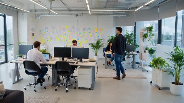 Office workers at desks with plants