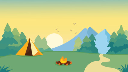 Obraz premium Outdoor Camping Adventure Landscape Background Vector with Tent Campfire Mountains Forest and Sunset Path Scenic Nature View