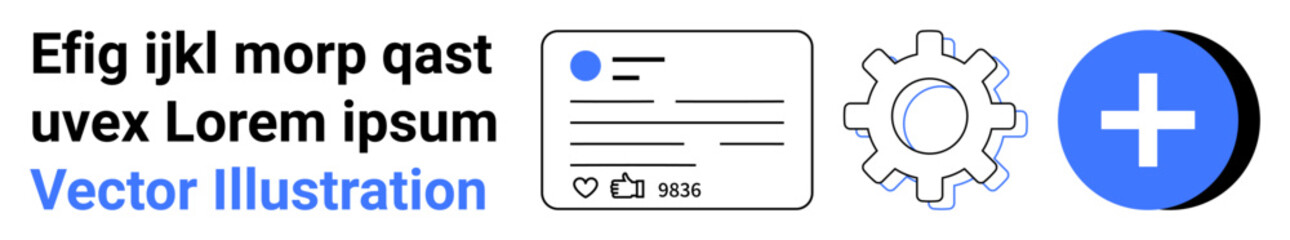 Obraz premium User interface, web development, multimedia, app creation, tools, productivity. Features icons of a document, gear and plus sign with placeholder text. User interface and web development