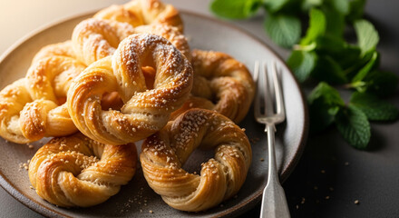 Naklejka premium Golden-brown twisted pastries dusted with powdered sugar served on a plate with a fork and green leaves