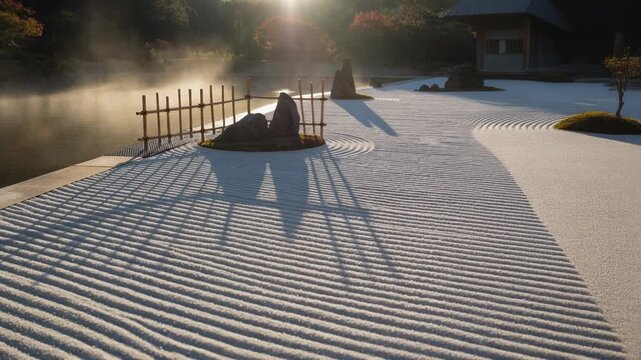Cinematic sweeping shot of a hyper-minimalist Japanese zen garden at dawn, featuring raked sand and long shadows.