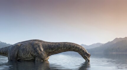 Giant Sauropod Dinosaur Drinking Water In Calm Lake At Sunset 3D Render
