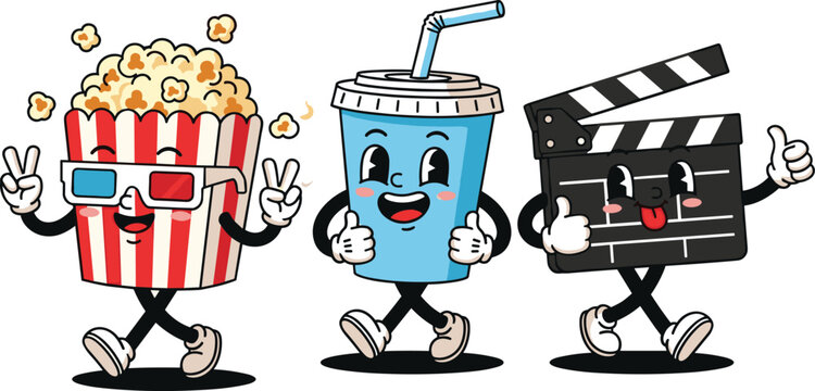 Set of cute retro movie character illustrations including popcorn with 3D glasses soda cup and film clapperboard in cartoon style