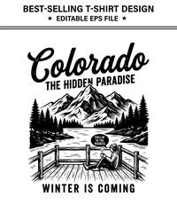 Fototapeta premium Colorado winter landscape with mountains and man relaxing on a pier with a cup of coffee illustration for tshirt design isolated on transparent background