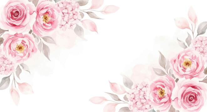 Delicate Watercolor Pink Roses and Green Leaves Floral Arrangement.