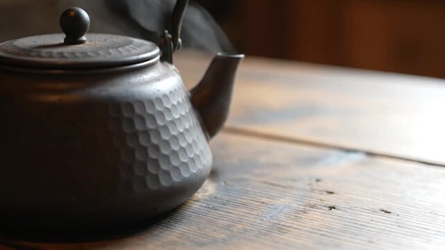 A traditional, dark metal kettle, possibly crafted from cast iron or hammered steel, gently emits wisps of steam from its elegant spout, indicating boiling water or a hot beverage within. It rests gra