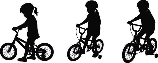 Obraz premium Black silhouette collection of a young girl wearing a helmet while learning to ride a bicycle with training wheels for childhood outdoor activity concepts.