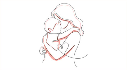 Continuous line art of a mother hugging her child with a heart symbol, symbolizing eternal love and bonding
