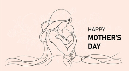 Happy mothers day greeting banner with continuous line art of mother and baby over floral pattern