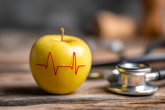 A yellow apple with a heartbeat line drawn on it placed next to a stethoscope on a wooden surface symbolizing health and wellness concepts