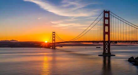 Obraz premium Sunset over the Golden Gate Bridge with serene water reflection and vibrant sky during a calm evening