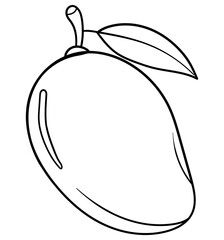 Outline drawing of ripe mango fruit with stem and leaf, simple contour sketch