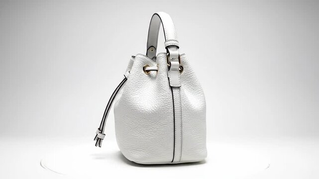 Luxury white leather bucket bag spinning on a white background, highlighting the drawstring closure and gold accents for e-commerce product display.