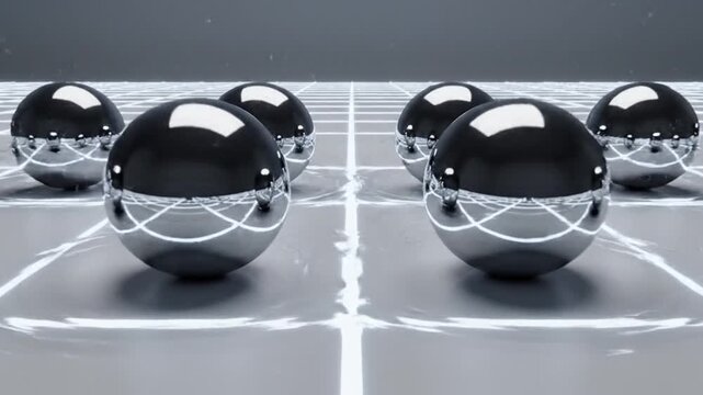 Close-up view of several metallic spheres with reflective surfaces and intersecting white lines on a gray grid background with a futuristic feel.