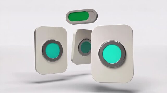 Floating 3D UI tiles with teal circular buttons and green toggle bar rotating on white background