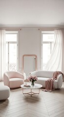 Fototapeta premium Elegant Living Room with Pink Accents and Natural Light.