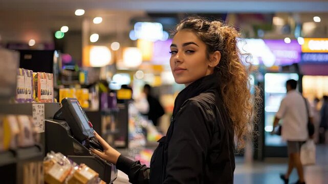 a woman works at the checkout in a supermarket. Selective focus