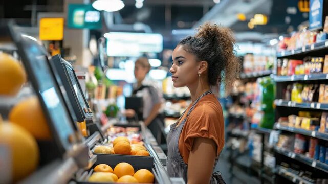 a woman works at the checkout in a supermarket. Selective focus