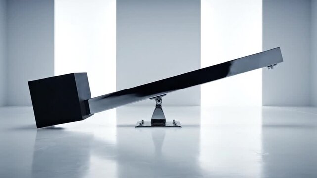 Tilted black and silver seesaw on a stand in a room with white walls and floor with bright light