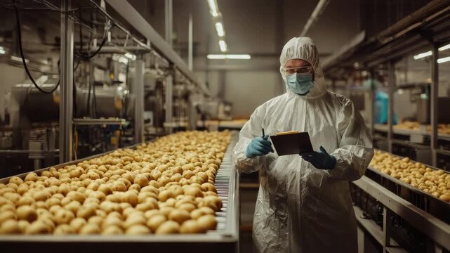 potatoes on the conveyor quality control. Selective focus