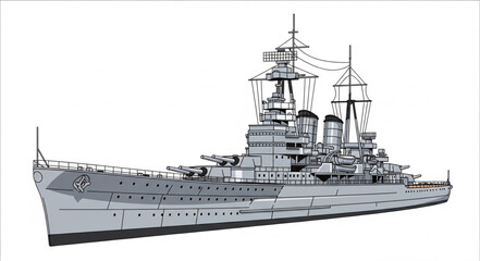 Detailed Illustration of Battleship at Sea. © dada