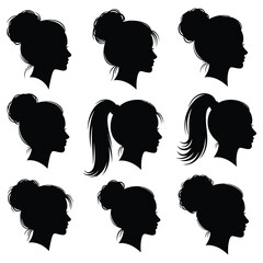 Collection of Women Head Profiles with Various Hairstyles Buns and Ponytails Silhouettes
