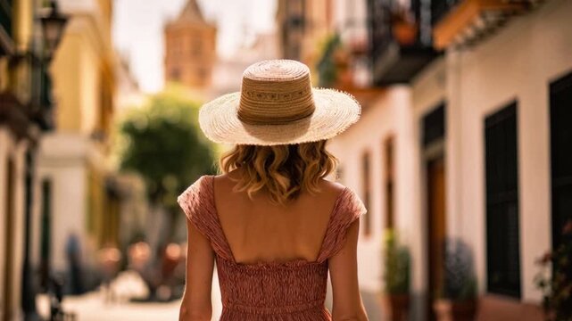 Young woman with Dress and Hat Walking Through Sunlit Streets of Seville, Spain