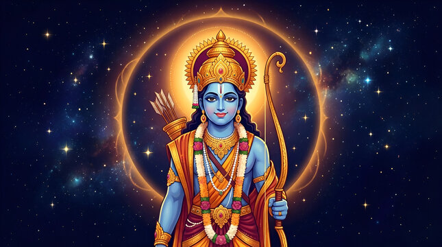 Ram Navami divine illustration of Lord Rama blessing devotees with bow and arrow spiritual devotion culture faith and Indian religious festival celebration. 