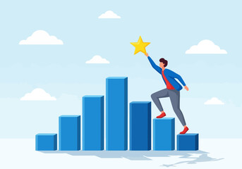 Obraz premium Businessman reaching for a star on top of a bar graph, symbolizing success and achievement in a professional setting with a light blue background