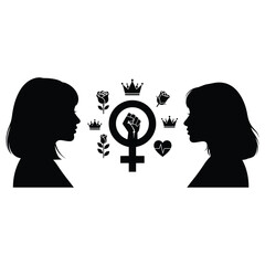 Feminist Power Concept with Woman Profiles and Gender Symbol surrounded by Roses and Crowns
