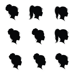 Set of Women Profile Silhouettes with Different Hairstyles and Ponytail Avatars