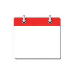 A red and white calendar page with silver rings on a transparent background