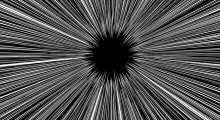 Obraz premium dynamic black and white radial speed lines bursting from central void symbolizing warp speed hyperjump and abstract motion.