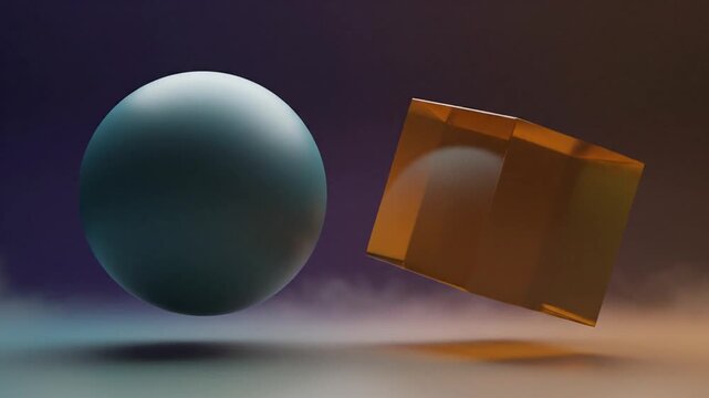 3D rendering of a metallic sphere and a rectangular prism floating in mid-air against a dark gradient background with warm lighting.