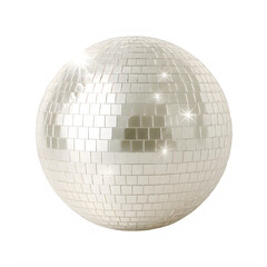 A sparkling, classic disco ball covered in tiny reflective mirror tiles shines brightly against a deep black background, evoking a festive party atmosphere.