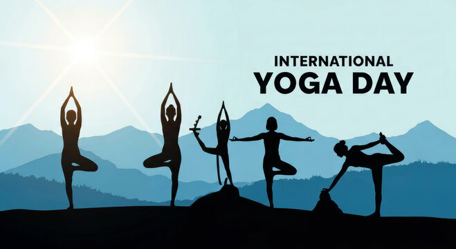 International yoga day celebration with silhouette of people in various yoga poses