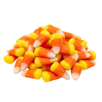 Pile of colorful candy corn sweets in traditional Halloween orange yellow and white colors piled on transparent background for autumn treats
