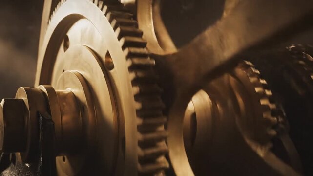 Close-up shot of interlocking metal gears with a warm, golden lighting effect and a shallow depth of field on a dark background.