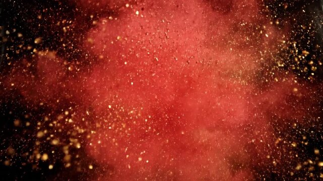 This captivating stock video features a dynamic burst of vibrant red powder, intricately mixed with shimmering golden particles, exploding outwards against a deep, dark background. The slow-motion eff