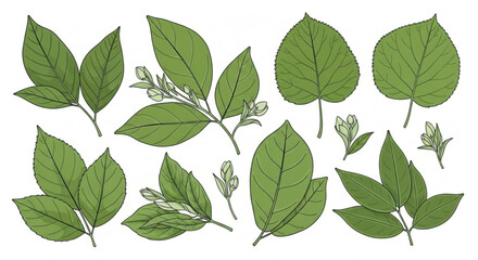 Various green leaves and leafy branches on white background illustration of foliage for design and decoration