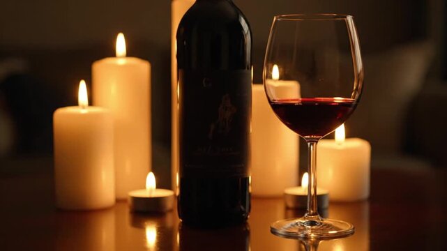 This close-up shot captures a warm and inviting scene, perfect for illustrating moments of celebration, romance, or relaxation. A bottle of dark red wine stands elegantly beside a glistening wine glas