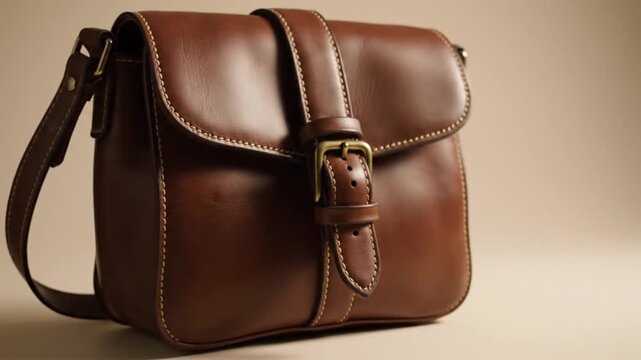 This close-up shot elegantly showcases a classic brown leather shoulder bag, emphasizing its fine craftsmanship and timeless design. The rich, warm tone of the leather, complemented by meticulous ligh