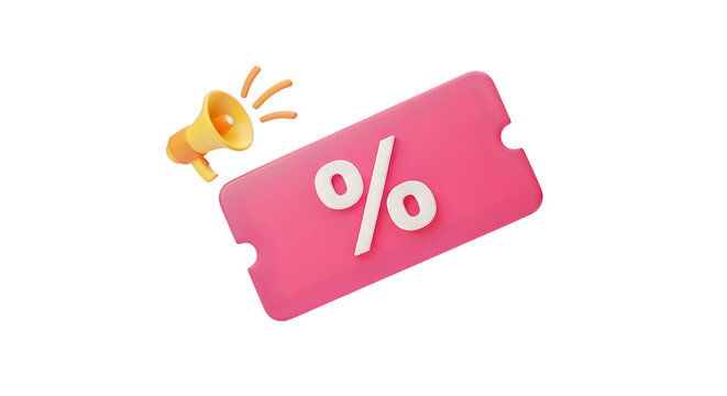 Pink discount coupon with percentage symbol and megaphone isolated on a transparent background