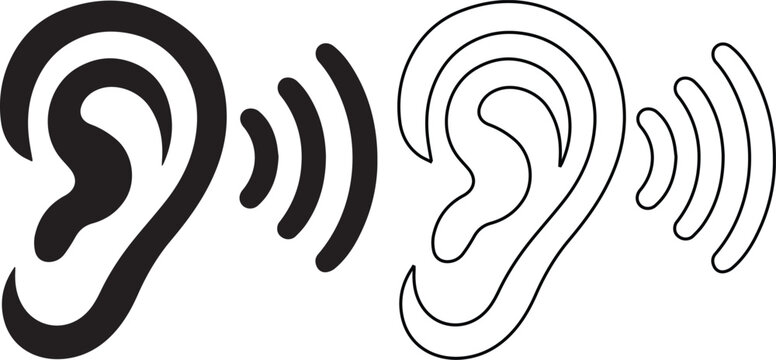 Vector illustration of human ear icons with sound waves in silhouette and outline styles, representing hearing, listening, volume, and audiology health concepts isolated on white.
