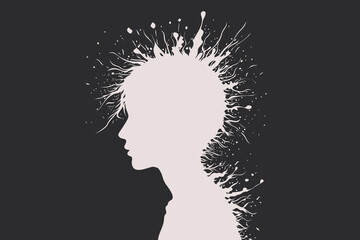 White silhouette boy profile with ink splatter exploding from head symbolizing creativity and imagination on dark background, abstract artistic vector illustration © Snezana