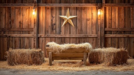 Rustic Wooden Barn Interior Featuring Hay Bales and Natural Light Accents for Cozy Atmosphere